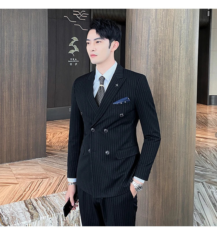 Formal Stripe Men Suits Double Breasted Wedding Groom Stage Tuxedo Man Business Slim Social Formal Suit Dress  2 Pcs / 3pcs
