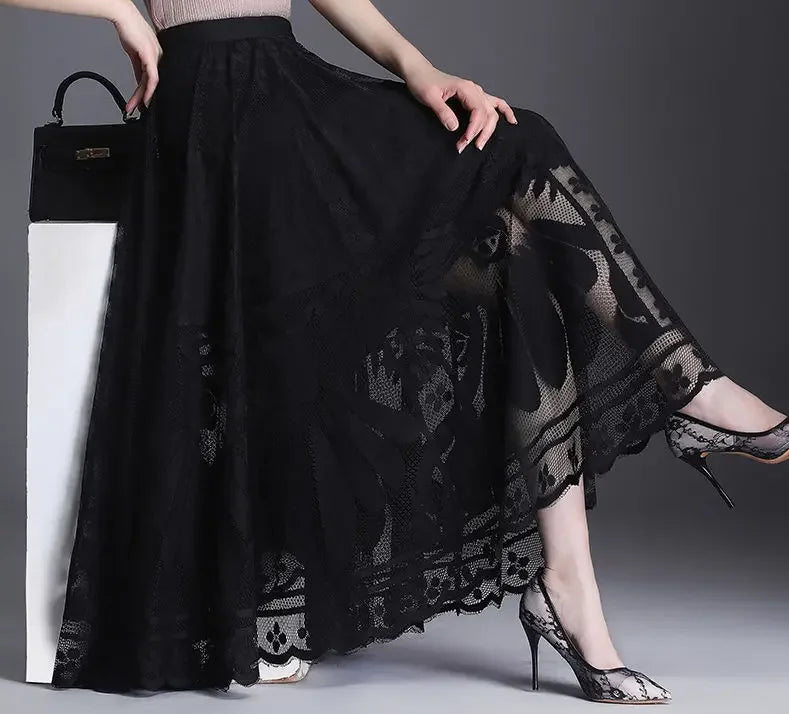 Elegant Vintage Black Lace High Waist Maxi Skirt for Women Sexy Hollow Out Party Dress with Pleated Fairy A-Line Silhouette Summer Fashion
