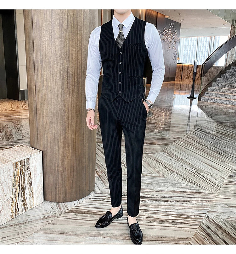 Formal Stripe Men Suits Double Breasted Wedding Groom Stage Tuxedo Man Business Slim Social Formal Suit Dress  2 Pcs / 3pcs