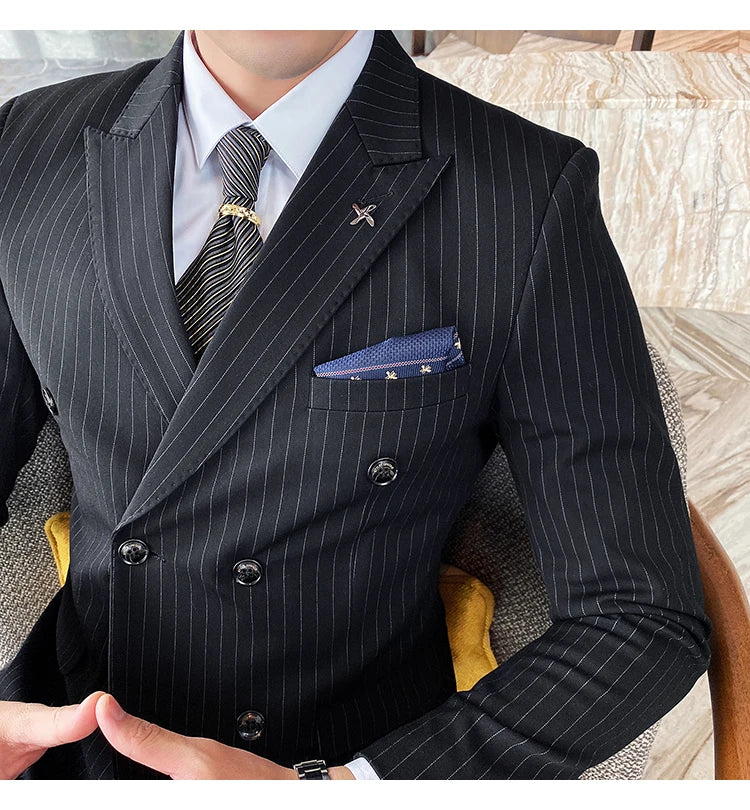 Formal Stripe Men Suits Double Breasted Wedding Groom Stage Tuxedo Man Business Slim Social Formal Suit Dress  2 Pcs / 3pcs