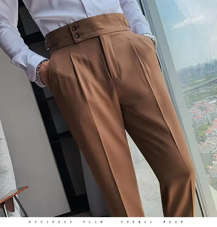 Neapolitan Men's Slim Fit Straight Leg Business Casual Trousers High Waist Pure Color Autumn Spring Long Pants