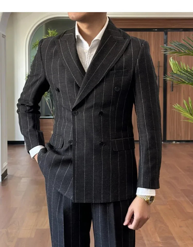 Men Suit Designers Slim Fit Business Casual Striped Double Breasted Suit Set Trend Traje Novio 2025 Men Tuxedo Suit Grooms Suit