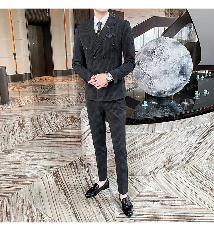 Formal Stripe Men Suits Double Breasted Wedding Groom Stage Tuxedo Man Business Slim Social Formal Suit Dress  2 Pcs / 3pcs