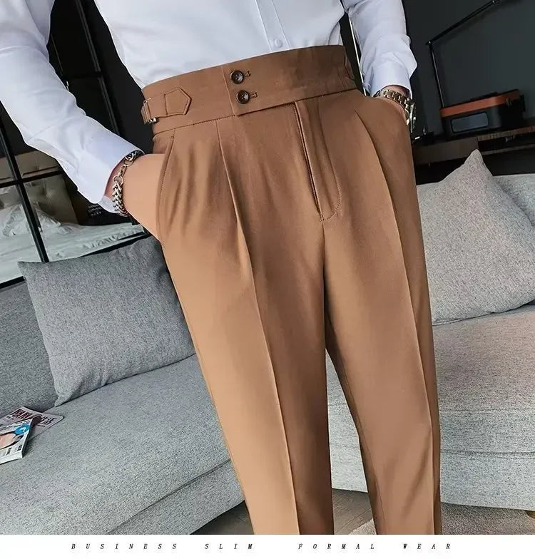 Neapolitan Men's Slim Fit Straight Leg Business Casual Trousers High Waist Pure Color Autumn Spring Long Pants