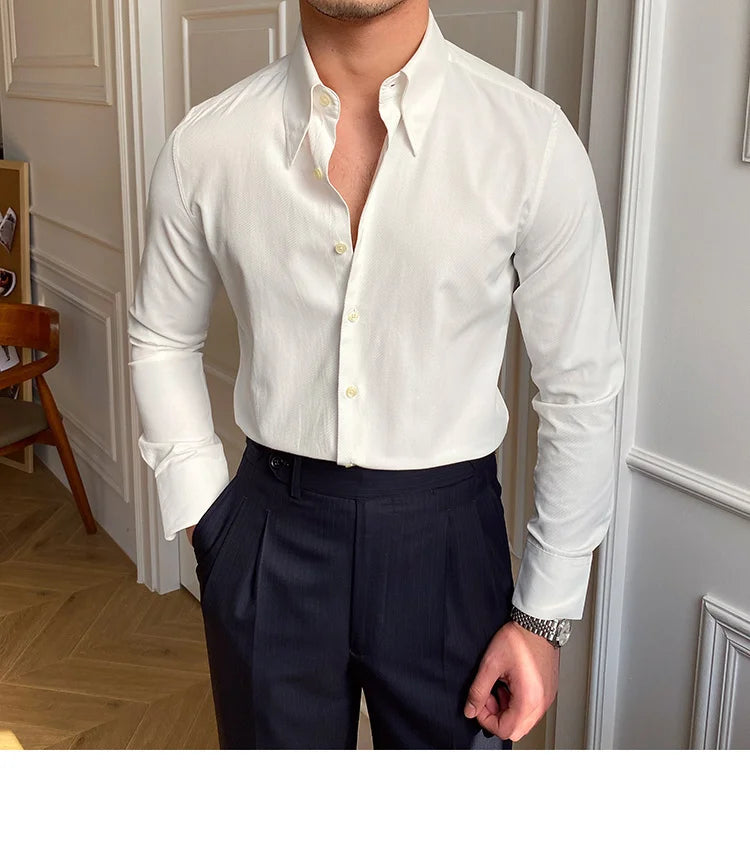 Spring Leisure British Business Shirt Design British Men Cuba Collar Slim Solid White Shirt Camisa Social Masculina Men Shirt