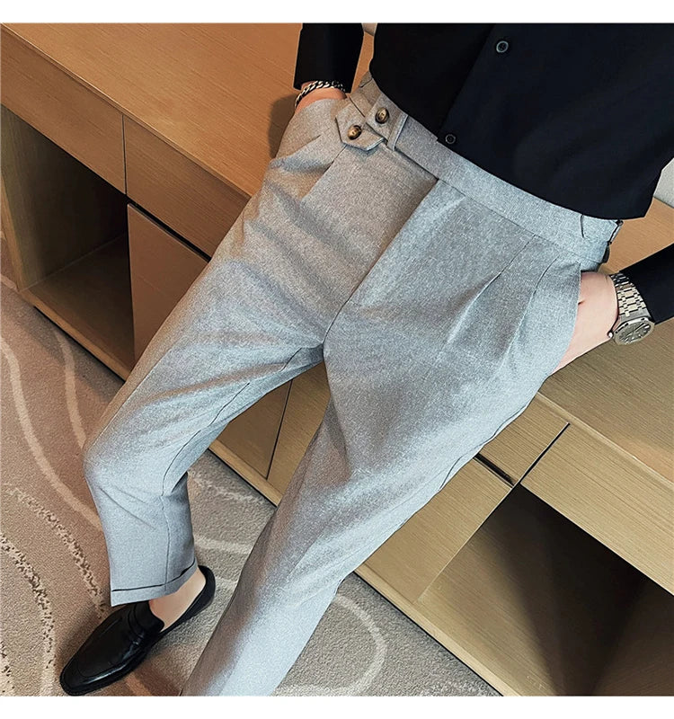 British Style Spring New Solid Business Casual Suit Pants High Waist Button Men Formal Pants High Quality Slim Office Trousers