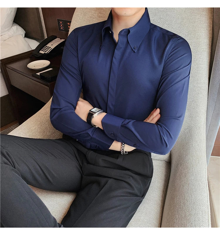 Autumn Solid Concealed Placket Shirts Men Long Sleeve Slim Fit Social Shirt Male High Quality Business Casual Prom Tuxedo