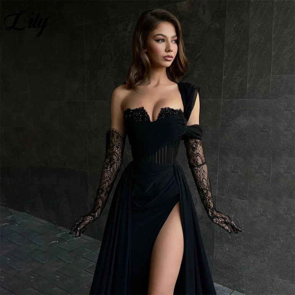 in black Evening Dresses For Women One Shoulder Black Prom Dresses Side Split Stain Mermaid