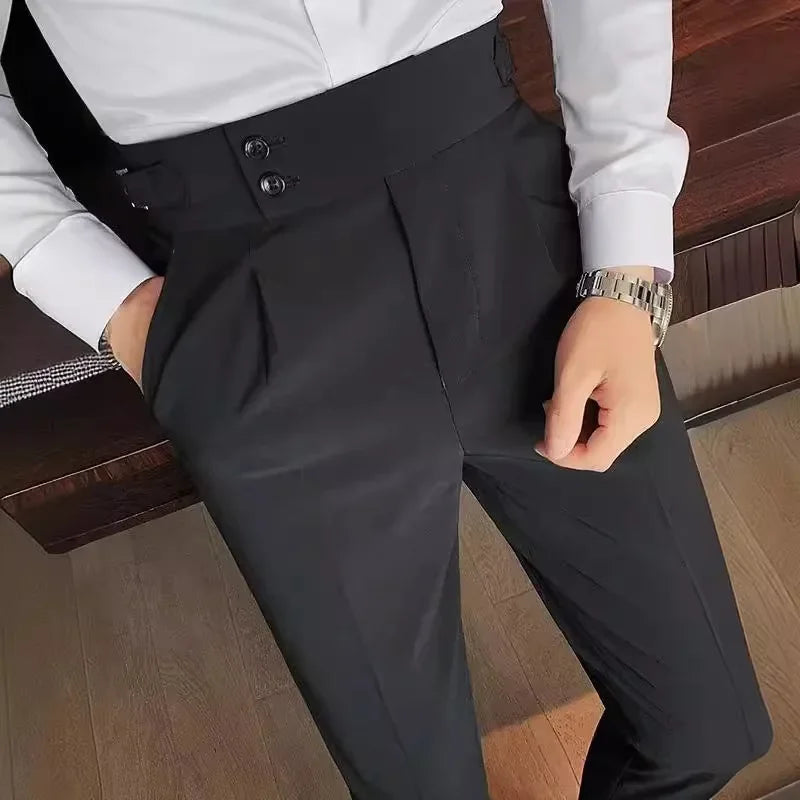 Neapolitan Men's Slim Fit Straight Leg Business Casual Trousers High Waist Pure Color Autumn Spring Long Pants