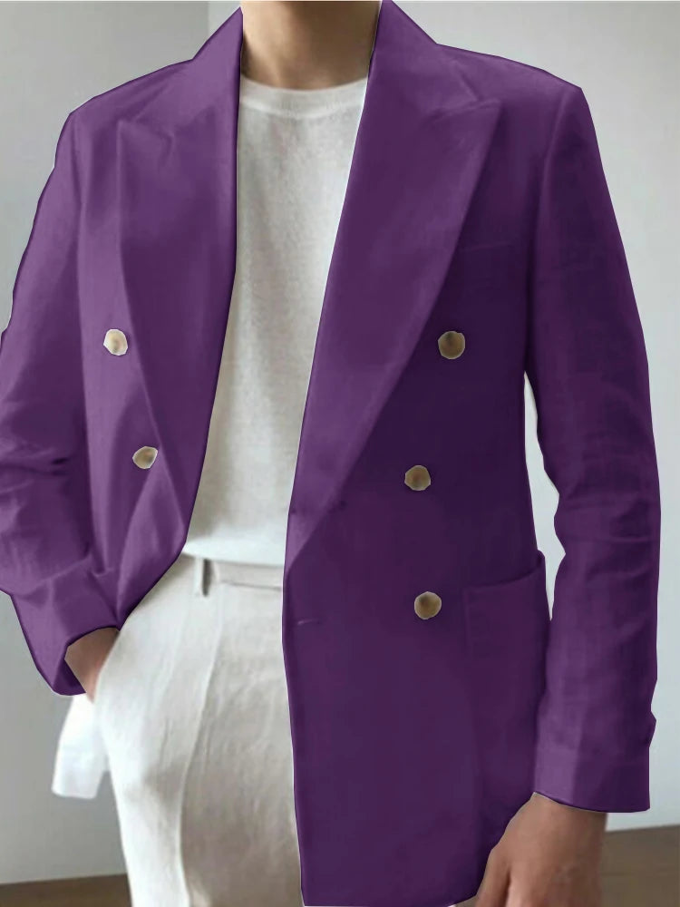 Men Double Breasted Lapel Linen Fabric Casual Suit Fashion Trendy Best Men Wedding Blazer 남성자켓 봄