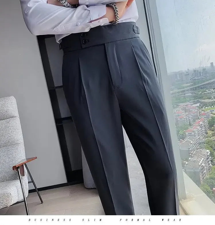 Neapolitan Men's Slim Fit Straight Leg Business Casual Trousers High Waist Pure Color Autumn Spring Long Pants
