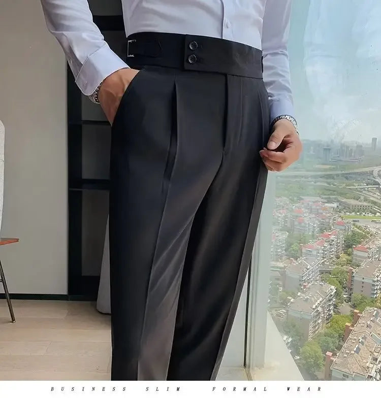 Neapolitan Men's Slim Fit Straight Leg Business Casual Trousers High Waist Pure Color Autumn Spring Long Pants