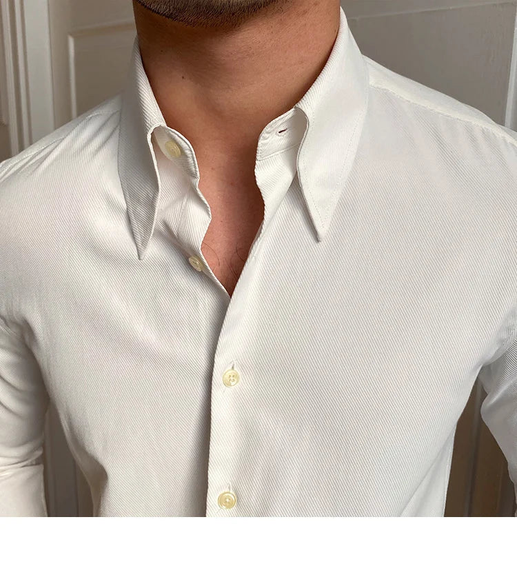 Spring Leisure British Business Shirt Design British Men Cuba Collar Slim Solid White Shirt Camisa Social Masculina Men Shirt