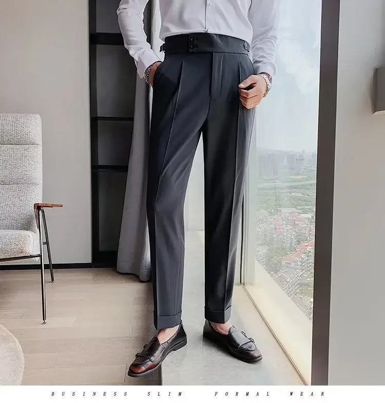 Neapolitan Men's Slim Fit Straight Leg Business Casual Trousers High Waist Pure Color Autumn Spring Long Pants