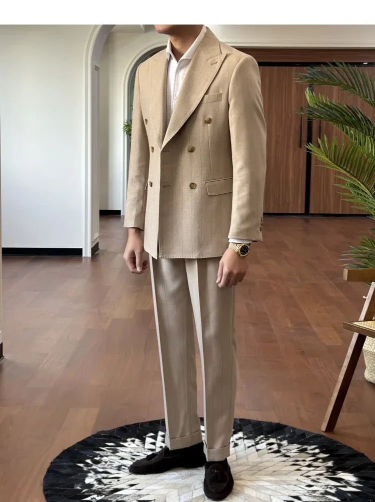Men Suit Designers Slim Fit Business Casual Striped Double Breasted Suit Set Trend Traje Novio 2025 Men Tuxedo Suit Grooms Suit
