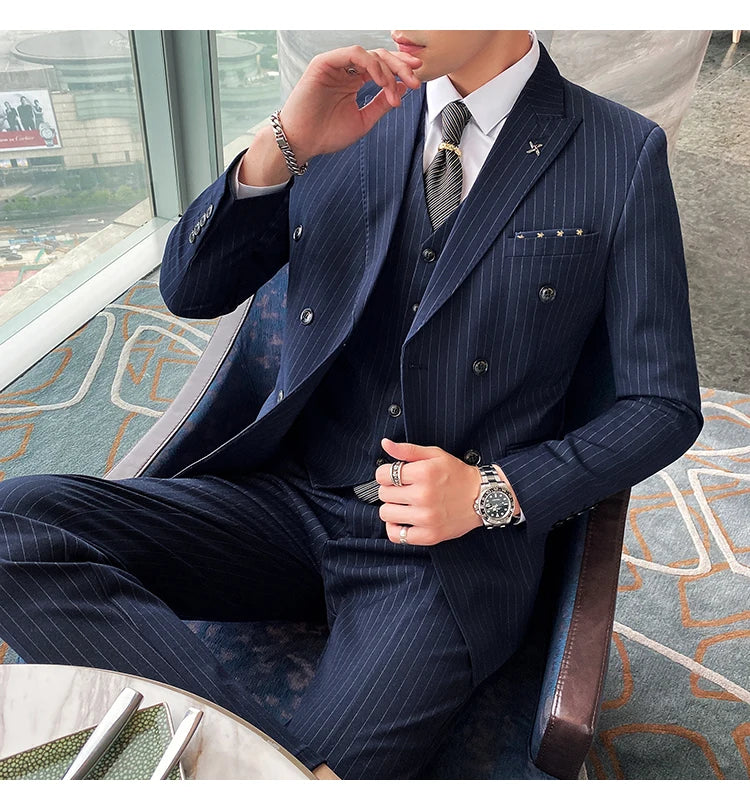 Formal Stripe Men Suits Double Breasted Wedding Groom Stage Tuxedo Man Business Slim Social Formal Suit Dress  2 Pcs / 3pcs