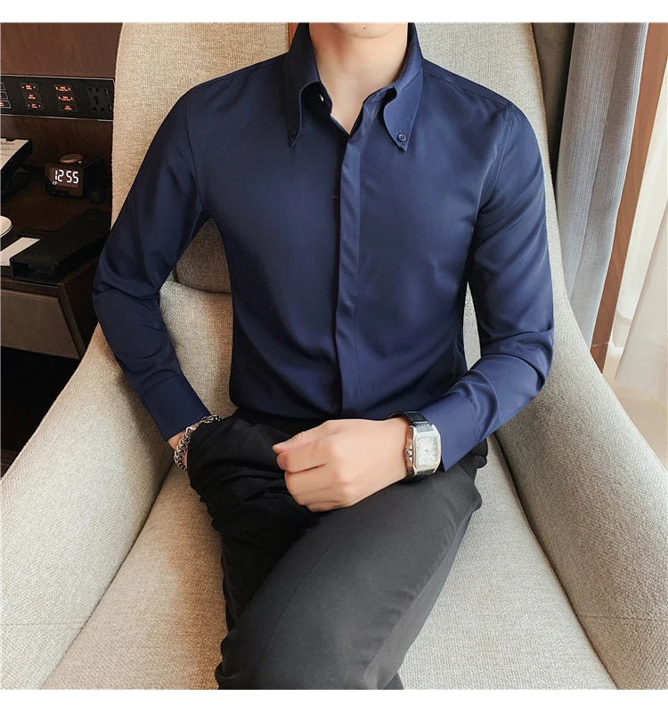 Autumn Solid Concealed Placket Shirts Men Long Sleeve Slim Fit Social Shirt Male High Quality Business Casual Prom Tuxedo