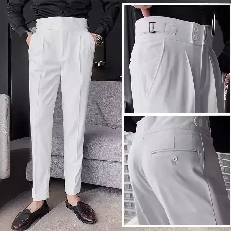 Neapolitan Men's Slim Fit Straight Leg Business Casual Trousers High Waist Pure Color Autumn Spring Long Pants