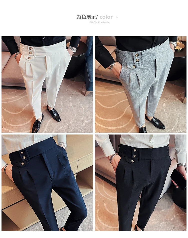 British Style Spring New Solid Business Casual Suit Pants High Waist Button Men Formal Pants High Quality Slim Office Trousers