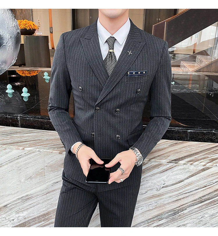 Formal Stripe Men Suits Double Breasted Wedding Groom Stage Tuxedo Man Business Slim Social Formal Suit Dress  2 Pcs / 3pcs