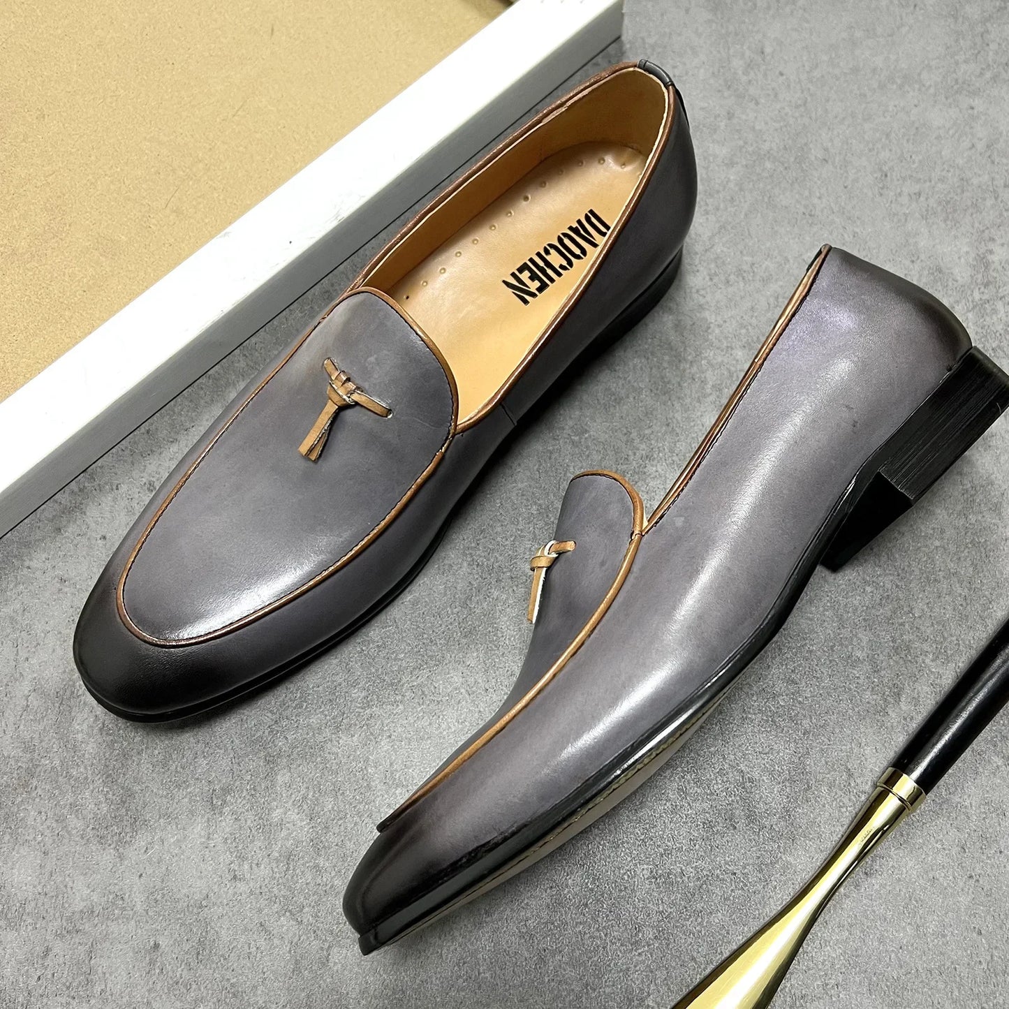 ITALIAN MEN LOAFERS SHOES GRAY HANDMADE SLIP ON TASSEL LOAFERS WEDDING OFFICE SHOES REAL LEATHER CASUAL DRESS MEN SHOES