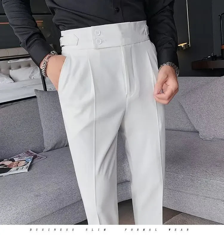 Neapolitan Men's Slim Fit Straight Leg Business Casual Trousers High Waist Pure Color Autumn Spring Long Pants
