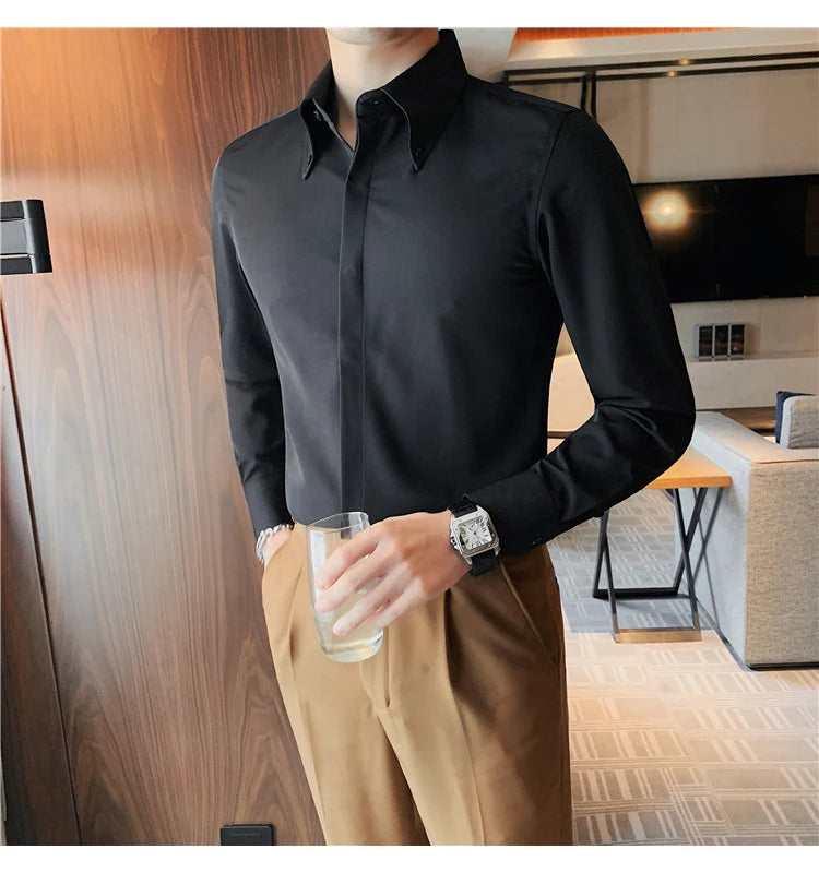Autumn Solid Concealed Placket Shirts Men Long Sleeve Slim Fit Social Shirt Male High Quality Business Casual Prom Tuxedo