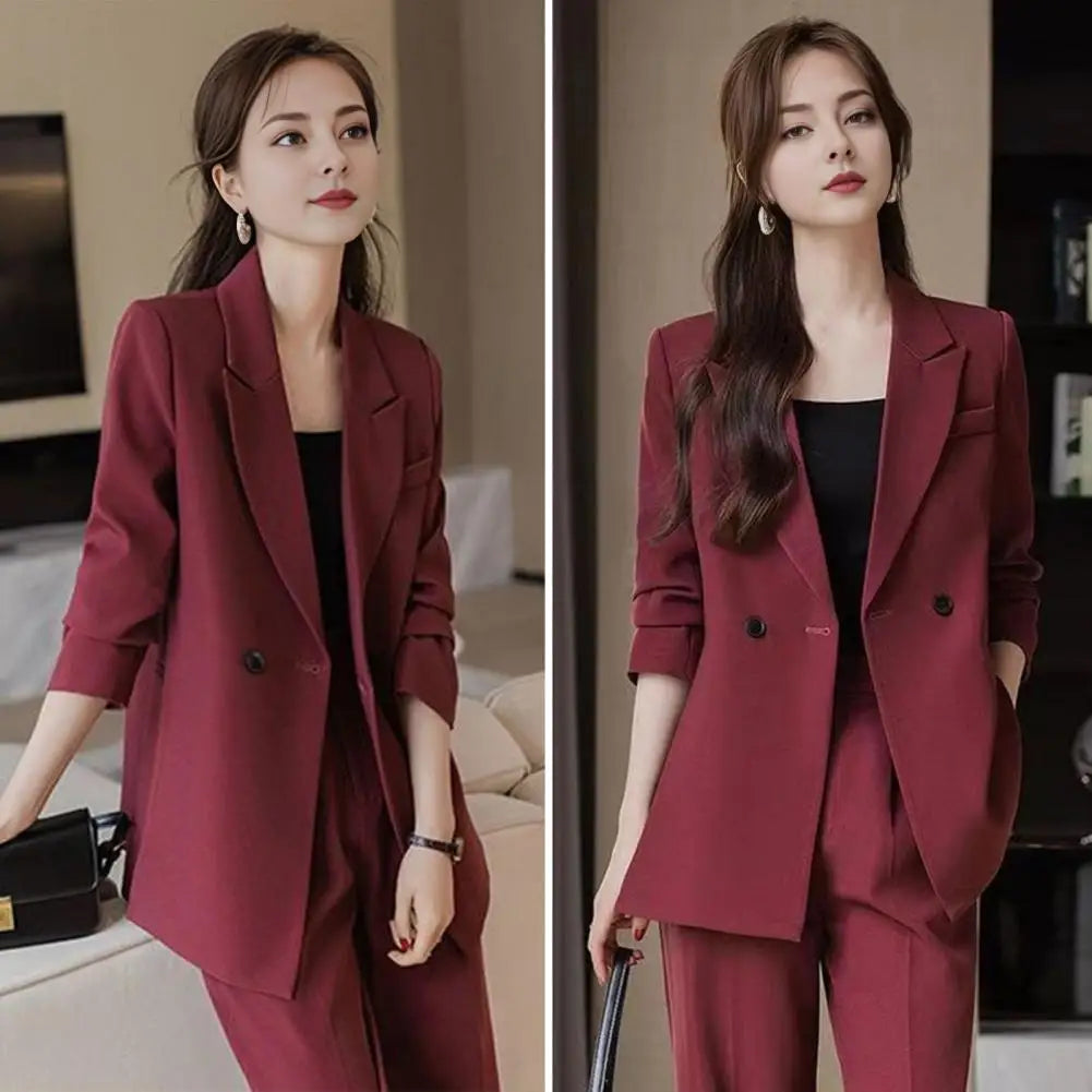 Lady Commuter Suit Elegant Women's Formal Suit Set with Turn-down Collar Jacket Pure Color Trousers Stylish for Commuting