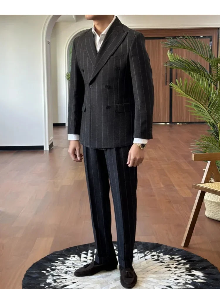 Men Suit Designers Slim Fit Business Casual Striped Double Breasted Suit Set Trend Traje Novio 2025 Men Tuxedo Suit Grooms Suit