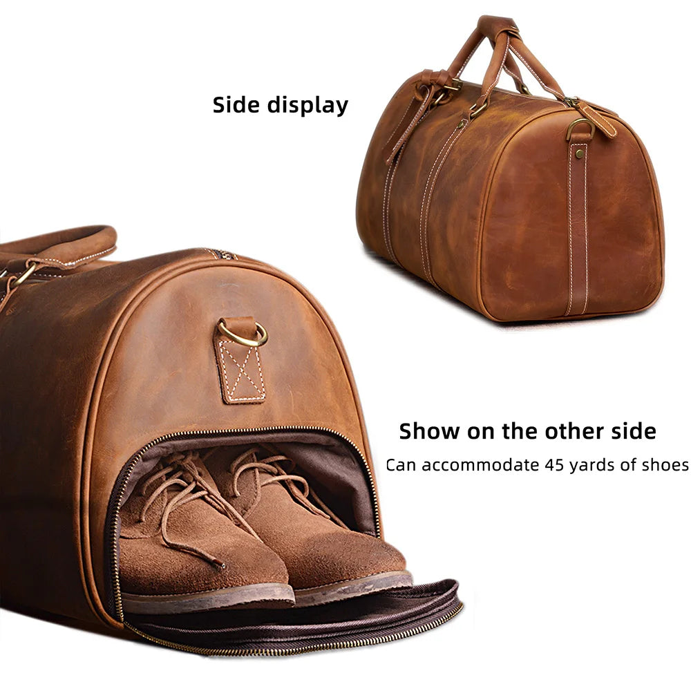 Vintage Men's Travel Bag Genuine Leather Hand Luggage Boston Bag Duffle Large Capacity Shoulder For 16 Inch Laptop NUPUGOO