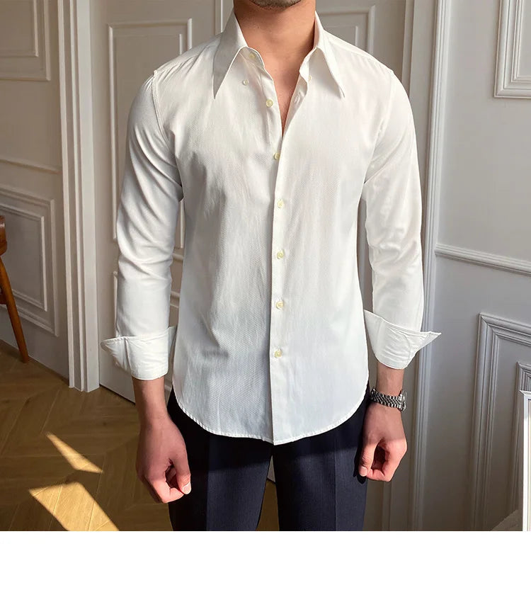 Spring Leisure British Business Shirt Design British Men Cuba Collar Slim Solid White Shirt Camisa Social Masculina Men Shirt