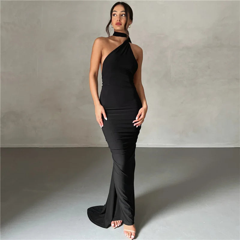 dress in black Fashion Elegant  Dress for Women Sexy One Shoulder Bodycon Slim Pleated Solid Backless Dresses Party Club Clothes