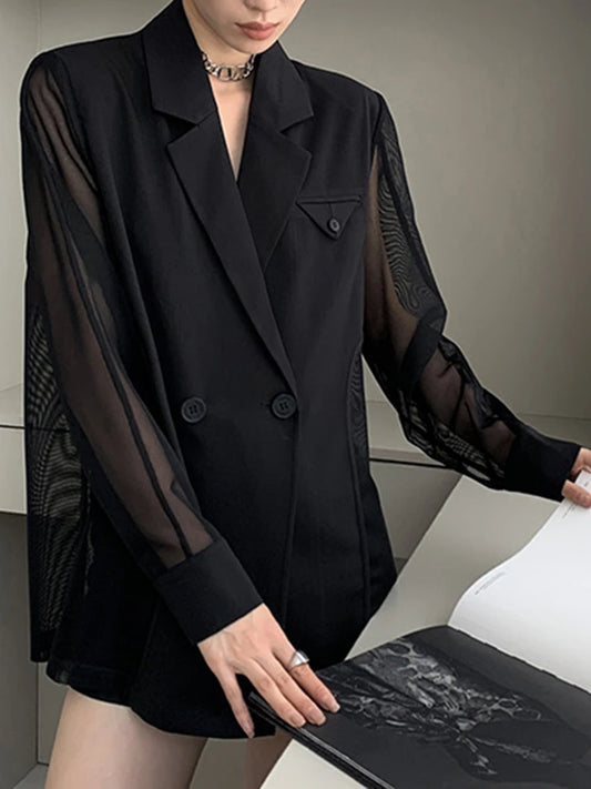 Patchwork Mesh Coats For Women Lapel Long Sleeve Spliced Button Oversize Solid Folds Spring Casual Coat Female 2024 New