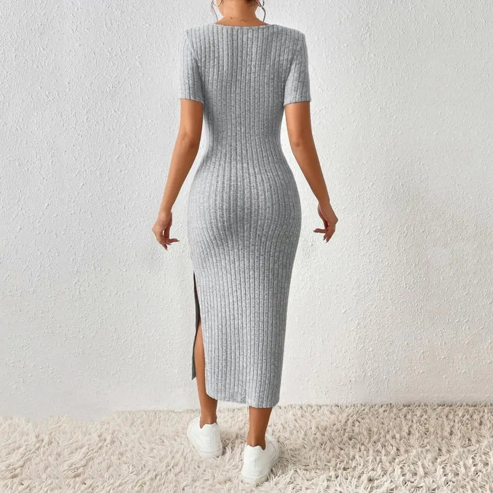 Solid Color Square Neckline Dress Elegant Square Neck Knitted Midi Dress for Women Solid Color Party Commute Dress with Short