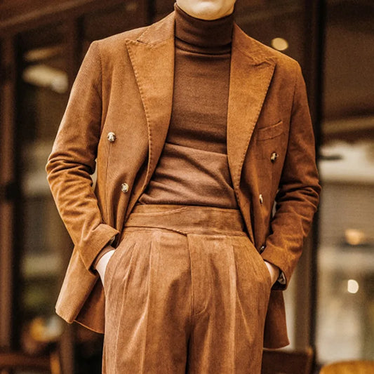 High Quality Corduroy Double Breasted Retro Fall Versatile Jacket Suit 2 Piece Wedding Party Suit Slim Costume Homme Mariage