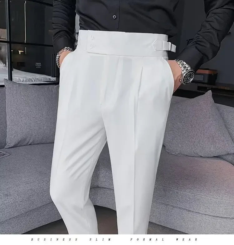 Neapolitan Men's Slim Fit Straight Leg Business Casual Trousers High Waist Pure Color Autumn Spring Long Pants