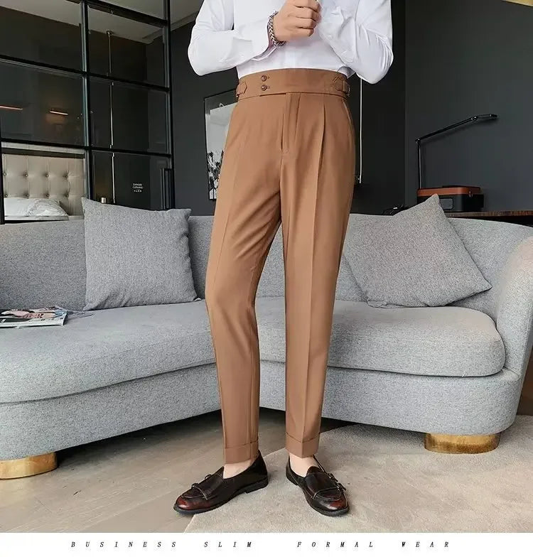 Neapolitan Men's Slim Fit Straight Leg Business Casual Trousers High Waist Pure Color Autumn Spring Long Pants