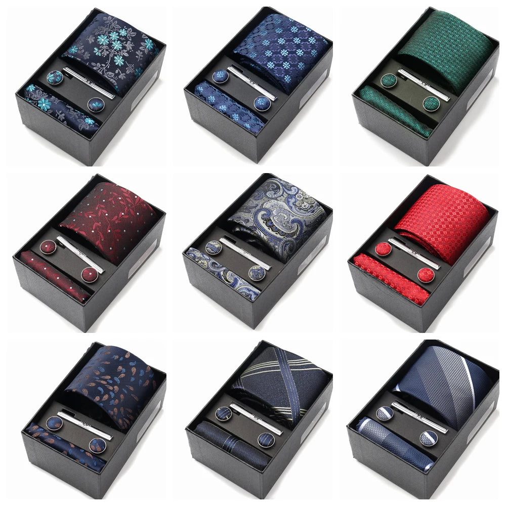 Tie Set For Men Silk Necktie Wedding Cufflinks Box Gift Tie Clip Men Pocket Square Necktie Luxury Business Wholesale Gravatas