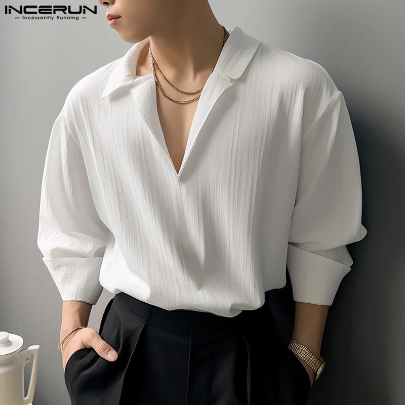 Korean Style New Men's Simple V-neck Design Shirts Casual Well Fitting Male Textured Long Sleeved Blouse S-5XL
