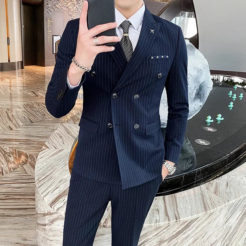 Formal Stripe Men Suits Double Breasted Wedding Groom Stage Tuxedo Man Business Slim Social Formal Suit Dress  2 Pcs / 3pcs
