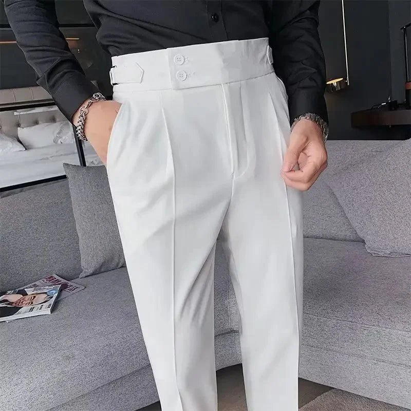 Neapolitan Men's Slim Fit Straight Leg Business Casual Trousers High Waist Pure Color Autumn Spring Long Pants