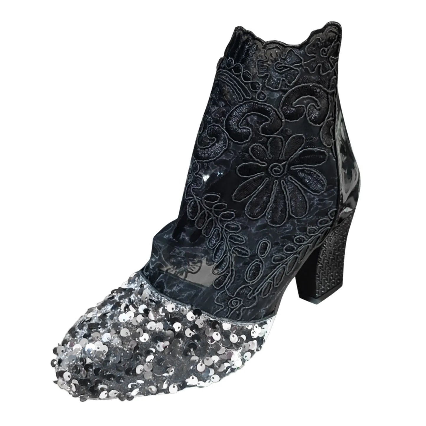 Womens Sneaker Boots Women'S Fashion Retro Round Head Sequins Ankle Boots Hollow Thick With Mesh Short Boots High Heels