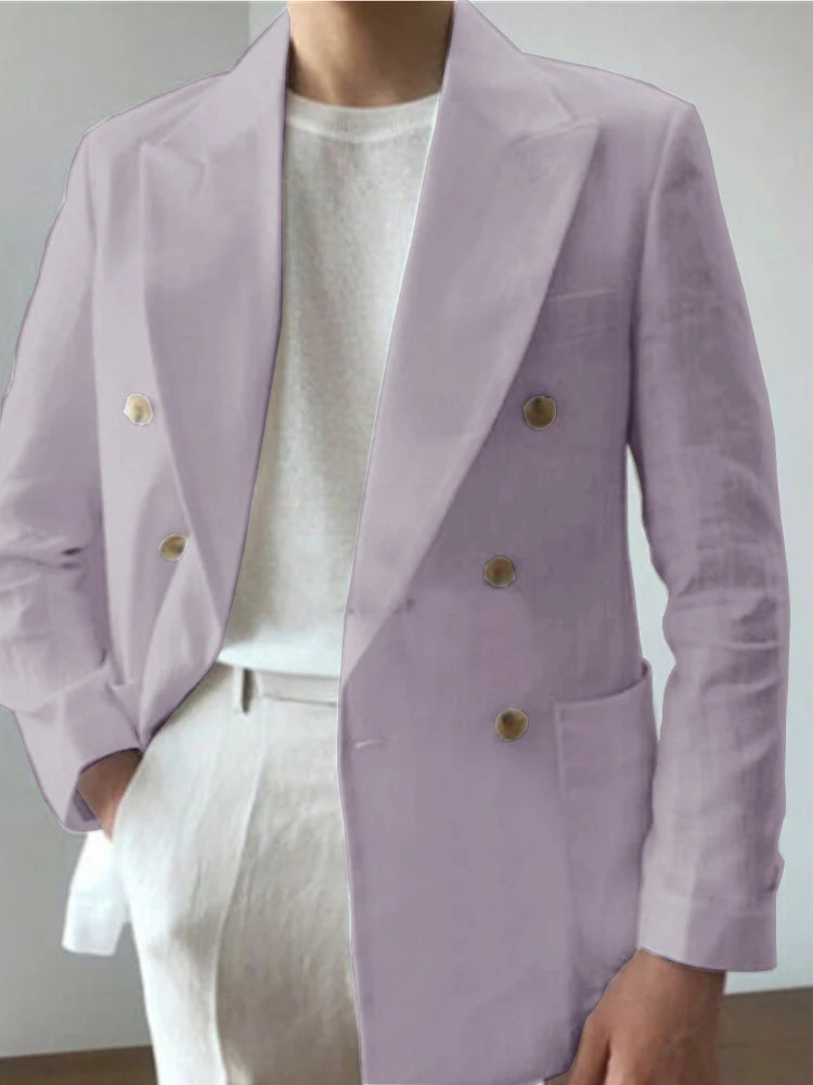Men Double Breasted Lapel Linen Fabric Casual Suit Fashion Trendy Best Men Wedding Blazer 남성자켓 봄