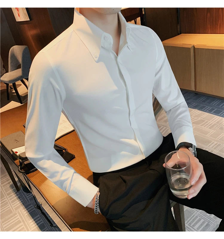 Autumn Solid Concealed Placket Shirts Men Long Sleeve Slim Fit Social Shirt Male High Quality Business Casual Prom Tuxedo