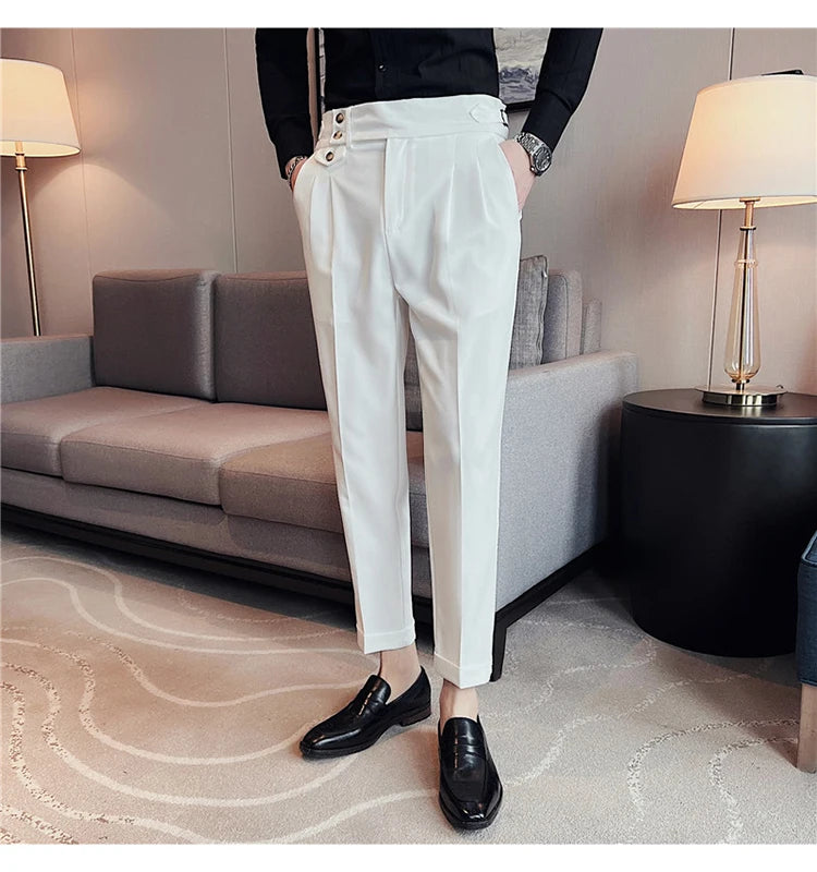 British Style Spring New Solid Business Casual Suit Pants High Waist Button Men Formal Pants High Quality Slim Office Trousers