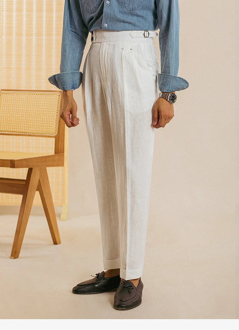 Naples High Waist Suits Retro Casual Pant Office-trouser Men Dress Pant Trouser British High Waist Pants Linen Straight Leg Pant