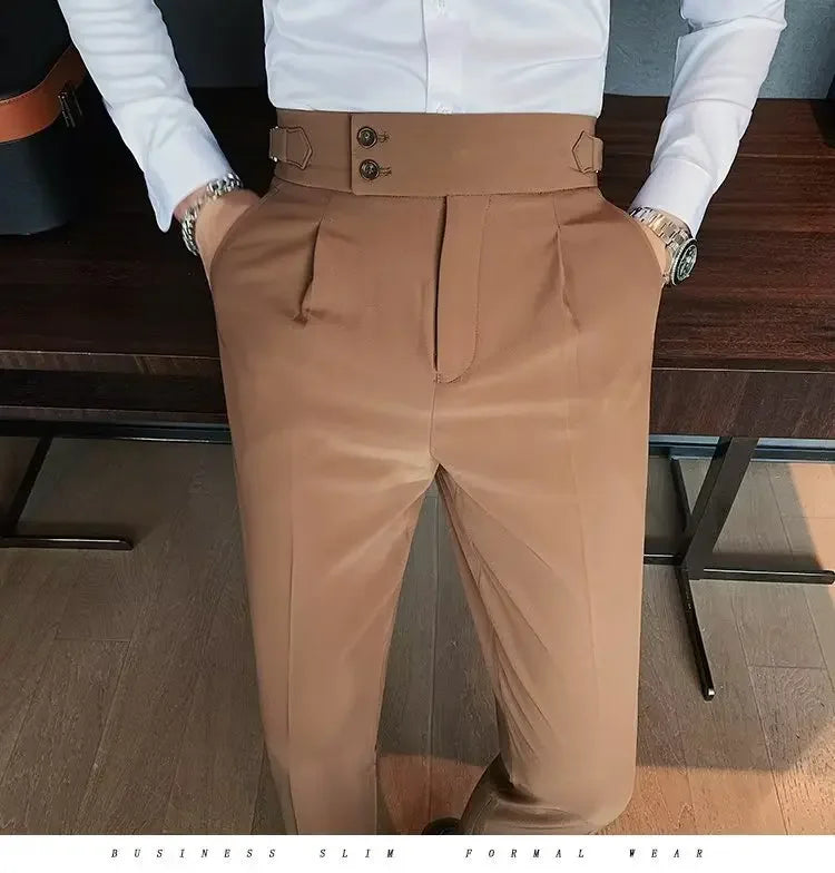 Neapolitan Men's Slim Fit Straight Leg Business Casual Trousers High Waist Pure Color Autumn Spring Long Pants