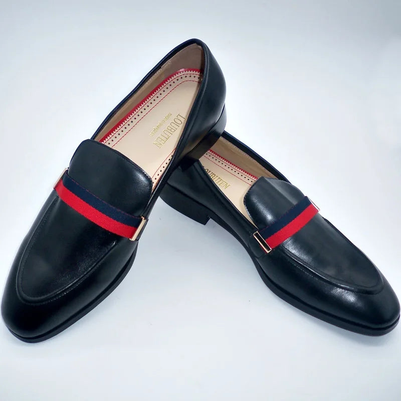 LOUBUTEN Italian Black Genuine Leather Men's Loafers Slip-On Handmade Dress Shoes for Party Wedding Breathable Comfortable Fit