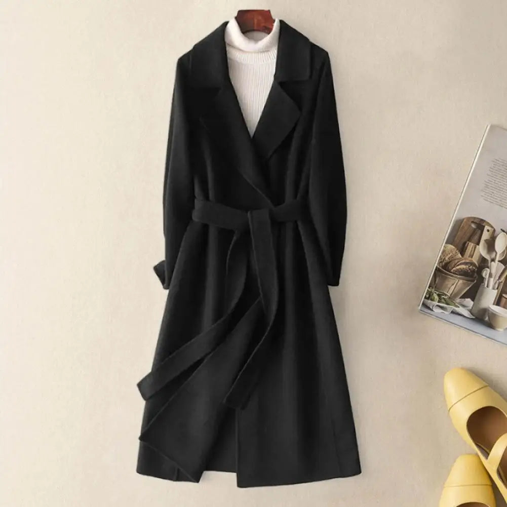 Winter Korean Style Double Breasted Long Black Woolen Overcoat Women's Loose Lacing Belt Green Wool Coat Jacket