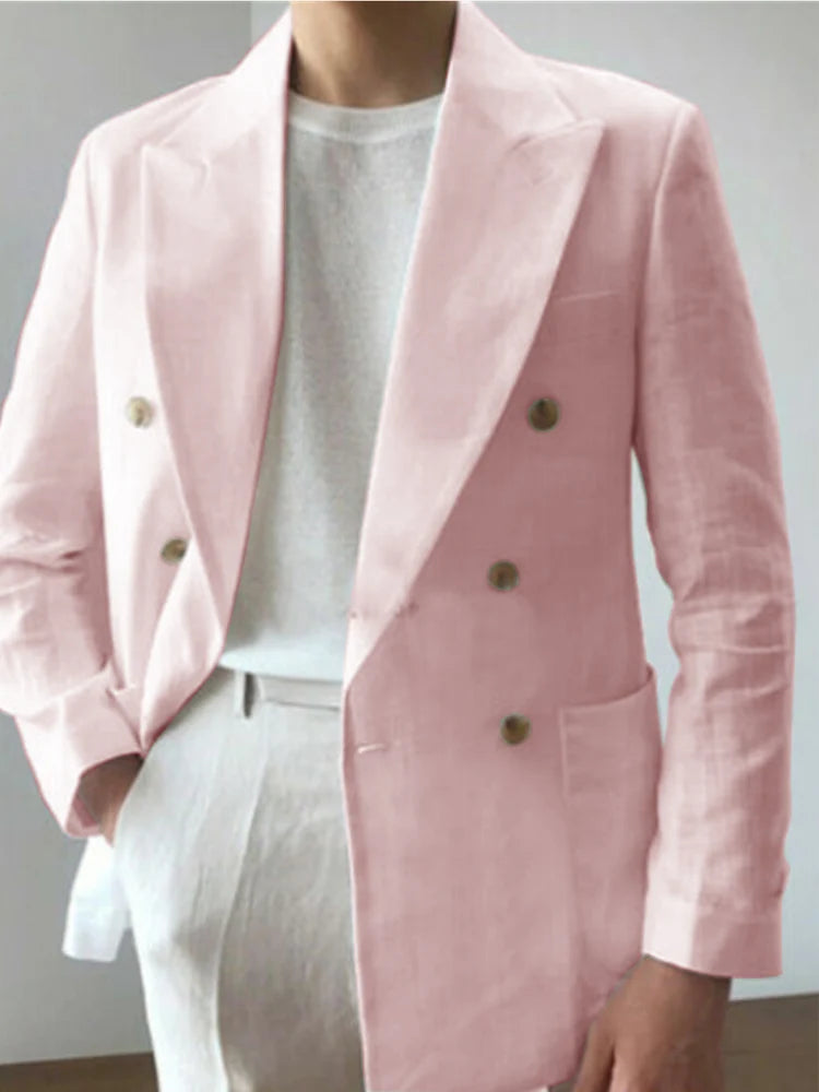 Men Double Breasted Lapel Linen Fabric Casual Suit Fashion Trendy Best Men Wedding Blazer 남성자켓 봄